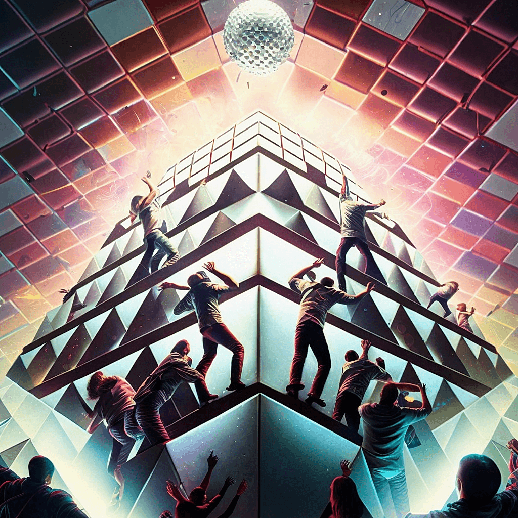 victimofleisure_DJs_climbing_up_a_vast_pyramid-shaped_disco_bal_f03c2030-be4e-4c8c-aa23-0d43deabd820